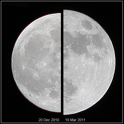 Superksiężyc 19 marca 2011 r. (z prawej) w porównaniu ze „zwykłym” widocznym 20 grudnia 2010 r. Fot. wikipedia.org