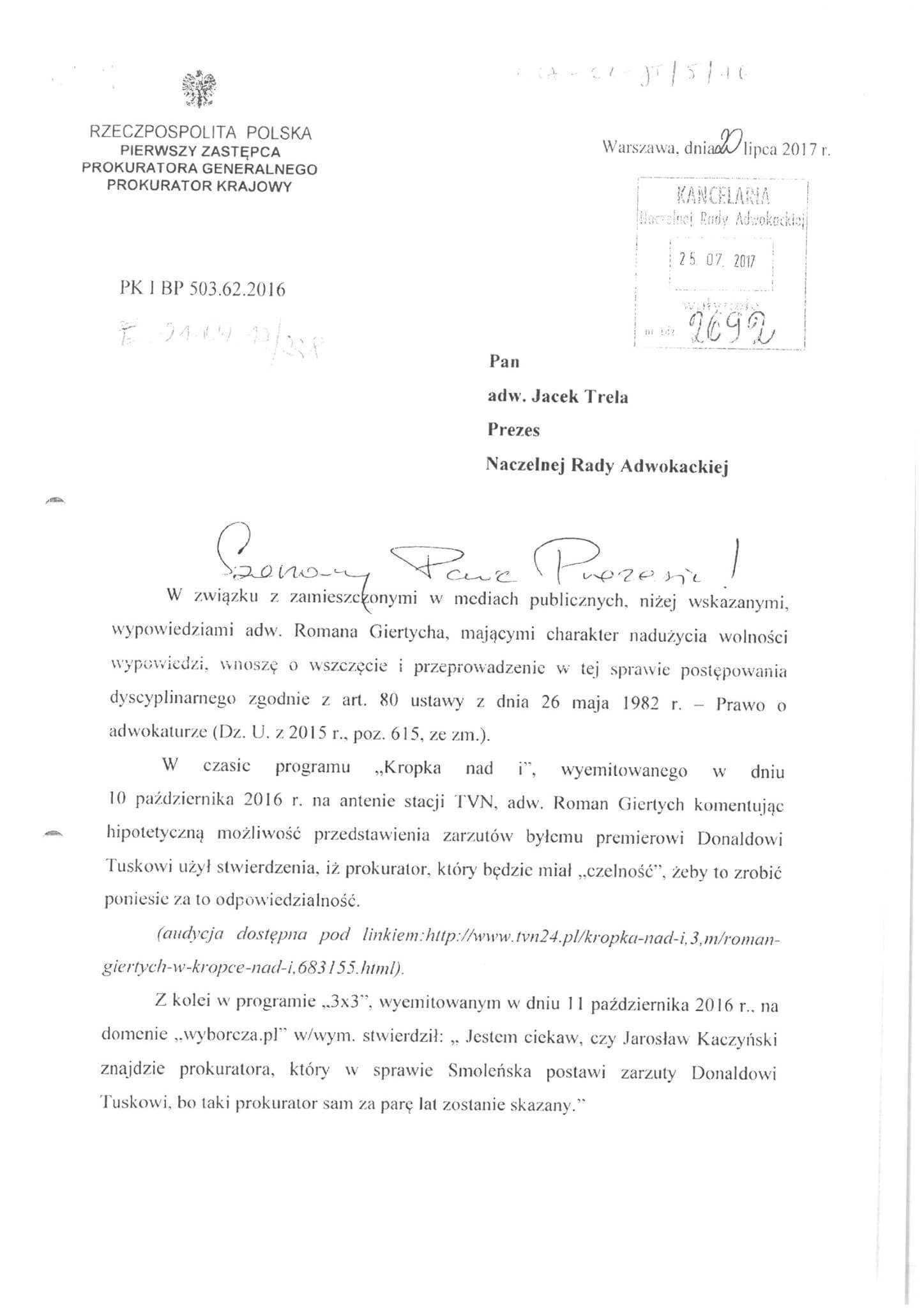 Pismo Prokuratora Krajowego do Romana Giertycha