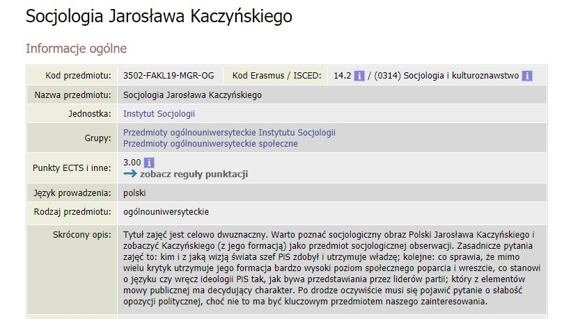 Socjologia Jarosława Kaczyńskiego - nowy przedmiot proponowany przez UW. Fot. screenshot https://usosweb.uw.edu.pl