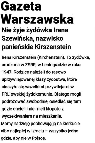 Antysemicka Gazeta Warszawska o śmierci Ireny Szewińskiej