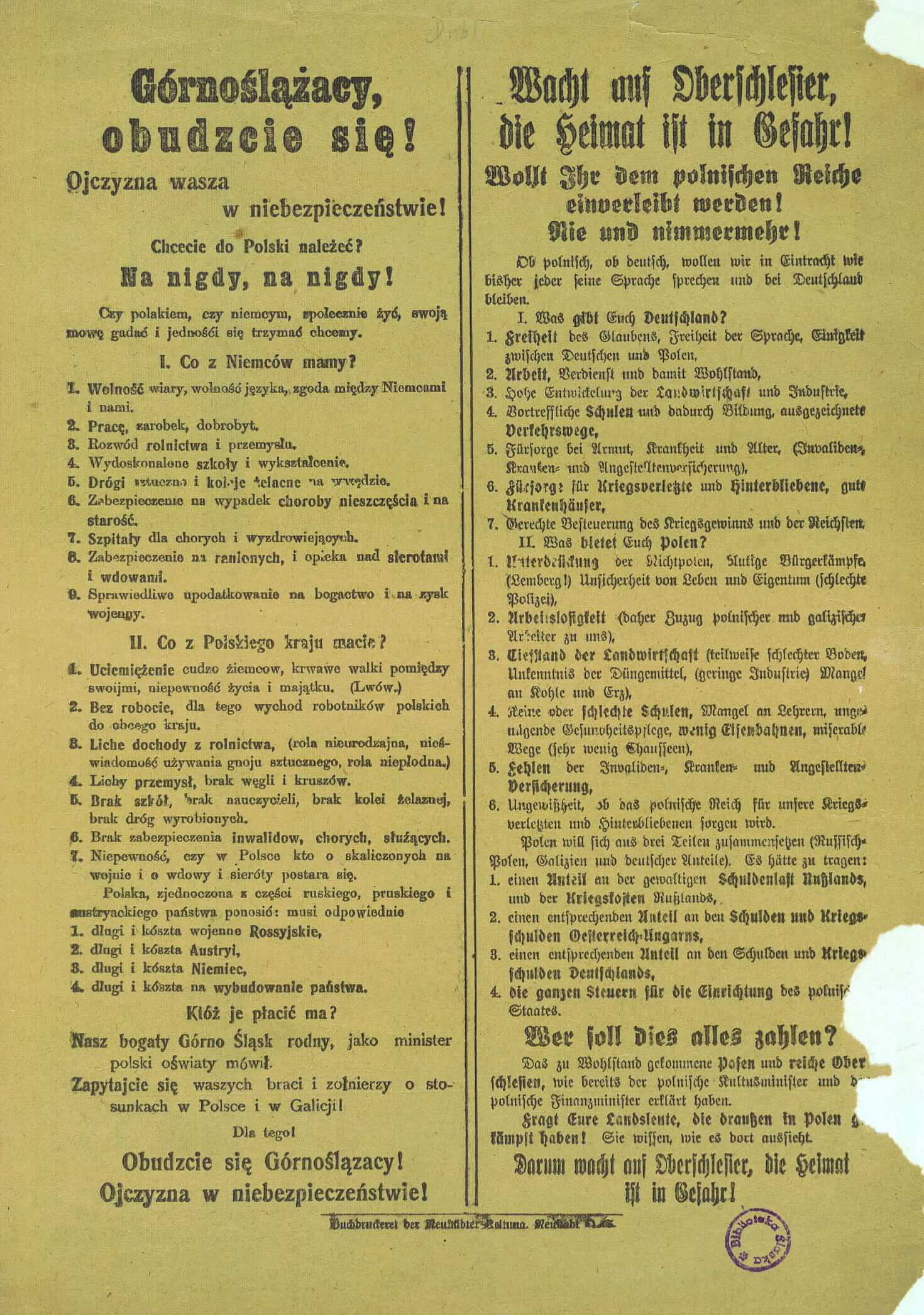 Niemiecki, dwujęzyczny propagandowy druk ulotny z okresu plebiscytu, wydany w Prudniku