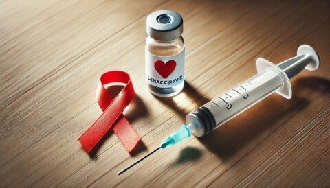 Naturalne zdjęcie przedstawiające symbole walki z HIV/AIDS: czerwona wstążka, fiolka leku Lenacapavir oraz strzykawka, umieszczone na drewnianym stole w delikatnym, naturalnym oświetleniu. Obraz symbolizuje postęp w leczeniu i nadzieję na przyszłość