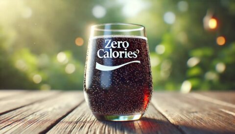 Gładka szklanka napoju typu Zero Calories, bez kropli kondensacji, ustawiona na drewnianym stole w otoczeniu naturalnego światła i rozmytej zieleni