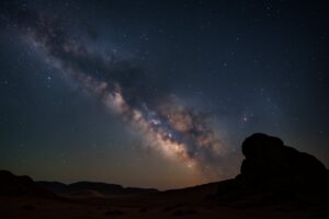 Łuk Drogi Mlecznej na nocnym niebie nad pustynnym krajobrazem; gwiaździste niebo i sylweta skalnej formacji w półmroku, naturalna scena astronomiczna