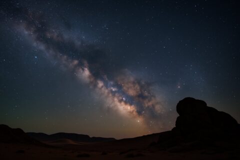 Łuk Drogi Mlecznej na nocnym niebie nad pustynnym krajobrazem; gwiaździste niebo i sylweta skalnej formacji w półmroku, naturalna scena astronomiczna