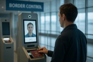 Kiosk biometryczny EES przy kontroli paszportowej – skan paszportu i rozpoznawanie twarzy
