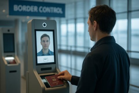 Kiosk biometryczny EES przy kontroli paszportowej – skan paszportu i rozpoznawanie twarzy