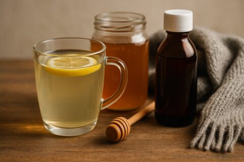 Miód z cytryną obok butelki syropu na kaszel — porównanie domowych i aptecznych sposobów
