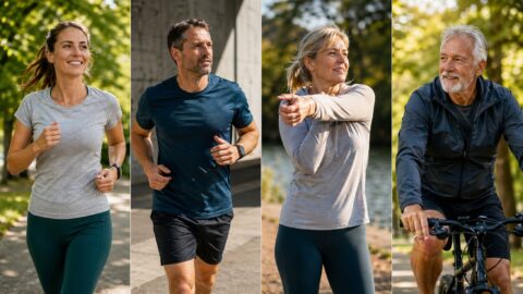 osoby w różnym wieku ćwiczące rano i wieczorem, symbolizujące dopasowanie aktywności fizycznej do rytmu organizmu