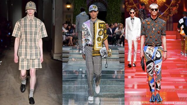 Odwaga przy wzorzystych tkaninach -
Klasyczna firma Burberry (po lewej) oczekuje w tym wydaniu letnim niemało odwagi. W końcu wszystko jest jednolite w kratkę. Versace (zdjęcie w środku) oraz Dolce & Gabbana zdecydowały się najwidoczniej na styl postsowiecki lat 90-tych z materiałami w duże wzory oraz estetyką nawiązującą świadomie do klasy robotniczej. Fot. Źródło: dw.de